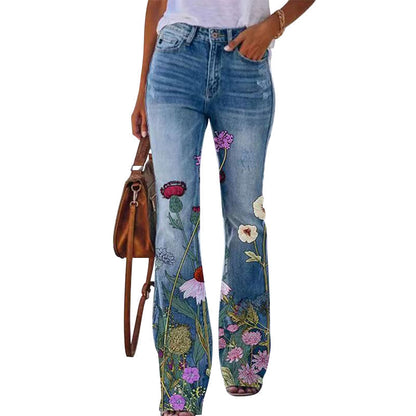 Women's High-Waisted Jeans with Floral Print and Wide Legs – Retro Denim for Everyday Wear, Leisure, Festivals, and Smart-Casual Style