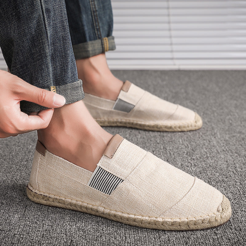 Pánské lehké plátěné espadrilky typu loafer s elastickými vsadkami – nazouvací letní boty s pletenou provazovou podrážkou na dovolenou, každý den i volný čas
