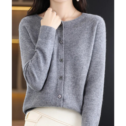 Cardigan de damă din lână merinos și cașmir – tricot elegant cu guler rotund pentru iarnă, birou, purtare zilnică și ocazii festive