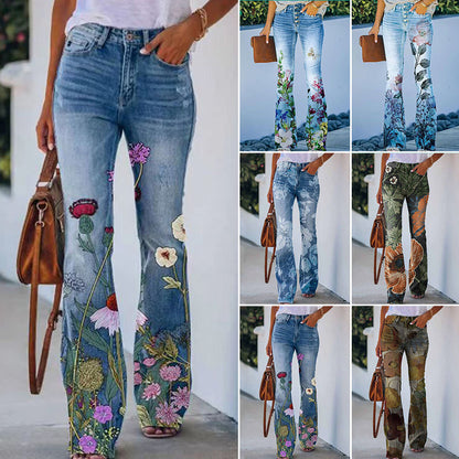 Women's High-Waisted Jeans with Floral Print and Wide Legs – Retro Denim for Everyday Wear, Leisure, Festivals, and Smart-Casual Style