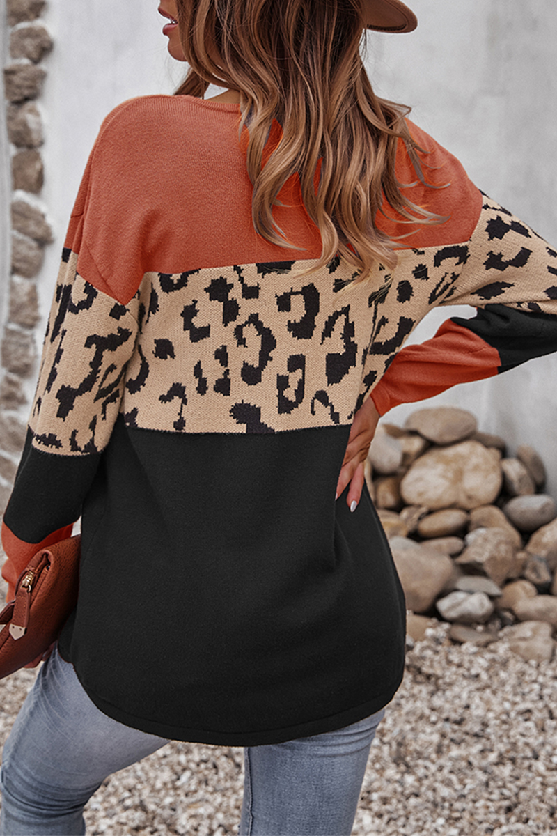 Dame Striksweater Med Leopard Color-block Design Og Lange Ærmer – Afslappet Pullover Til Vinter, Hverdagsbrug Og Stilfuld Lag-på-lag Styling