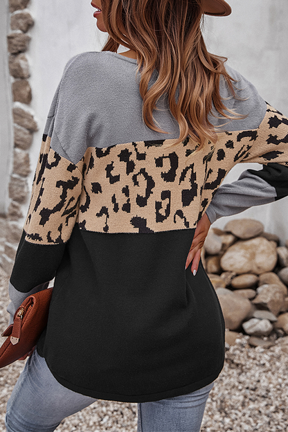 Dame Striksweater Med Leopard Color-block Design Og Lange Ærmer – Afslappet Pullover Til Vinter, Hverdagsbrug Og Stilfuld Lag-på-lag Styling