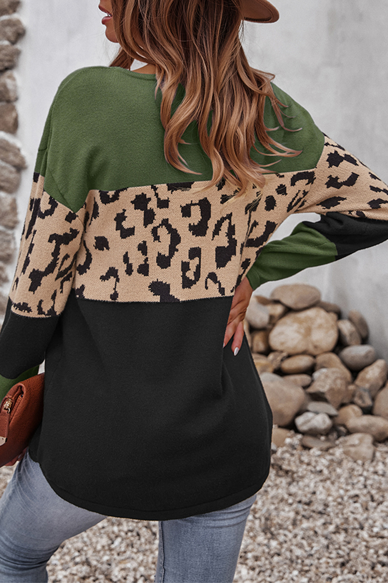 Dame Striksweater Med Leopard Color-block Design Og Lange Ærmer – Afslappet Pullover Til Vinter, Hverdagsbrug Og Stilfuld Lag-på-lag Styling
