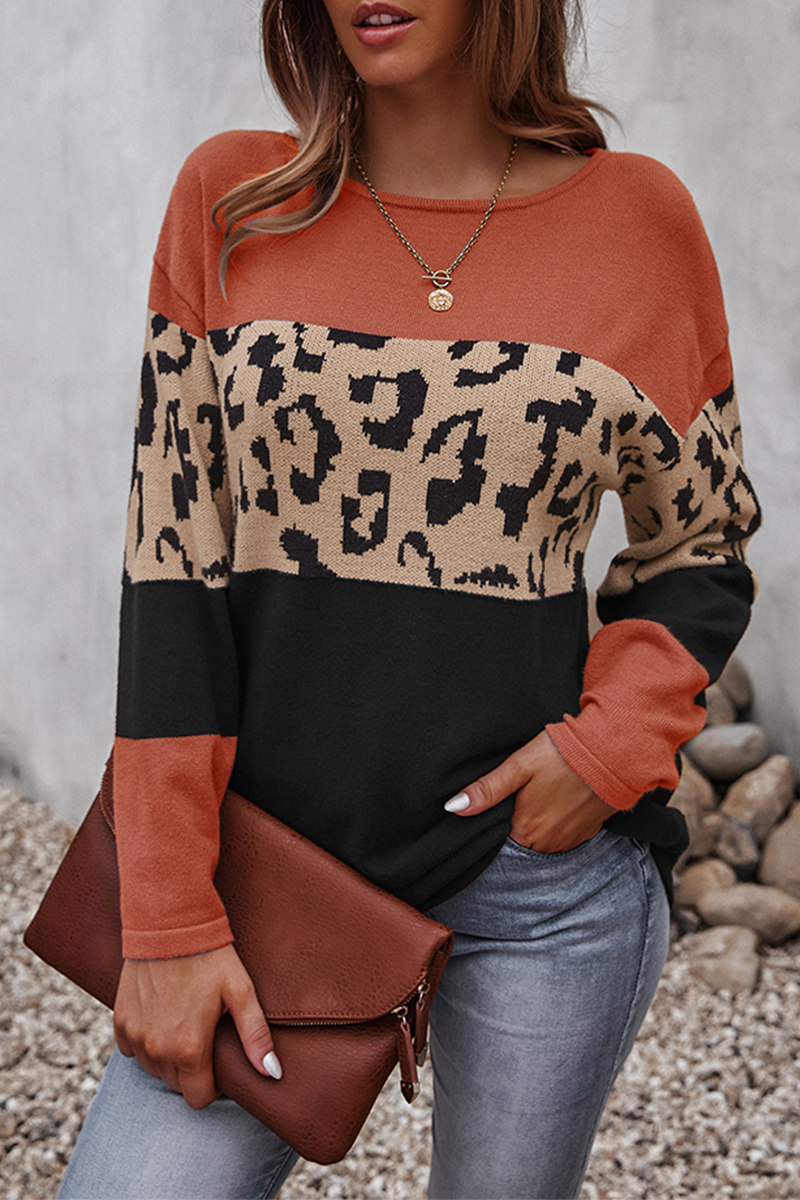 Dame Striksweater Med Leopard Color-block Design Og Lange Ærmer – Afslappet Pullover Til Vinter, Hverdagsbrug Og Stilfuld Lag-på-lag Styling