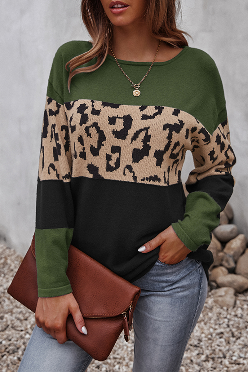Dame Striksweater Med Leopard Color-block Design Og Lange Ærmer – Afslappet Pullover Til Vinter, Hverdagsbrug Og Stilfuld Lag-på-lag Styling