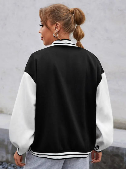 Women's varsity bomber jacket with contrast sleeves and snap buttons - sporty college jacket for streetwear and casual everyday wear