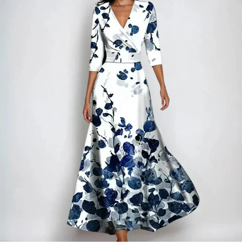 Rochie maxi petrecută pentru femei, cu imprimeu floral și mâneci 3/4 – rochie de vară elegantă, în linie A, pentru nunți, brunch și ocazii festive