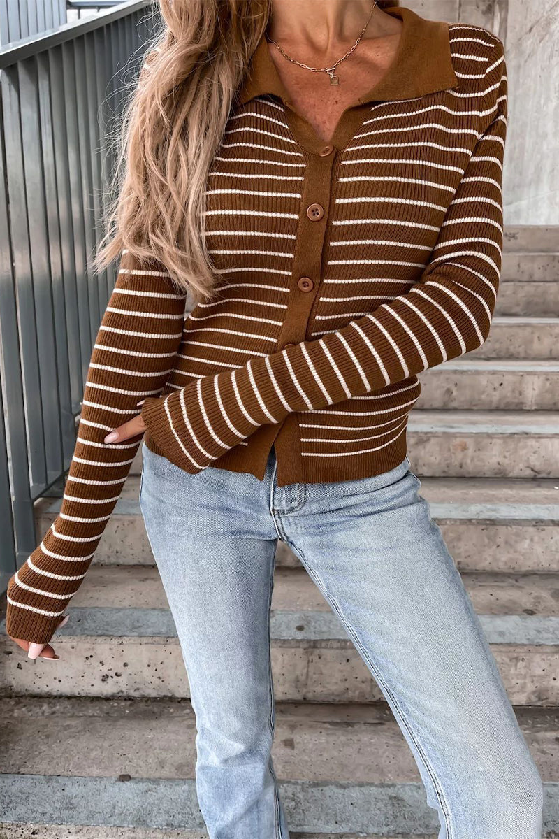 Women's Striped Rib-Knit Cardigan with Polo Collar – Classic Knitted Jacket for the Office, Everyday Wear, Leisure, and Smart-Casual Style