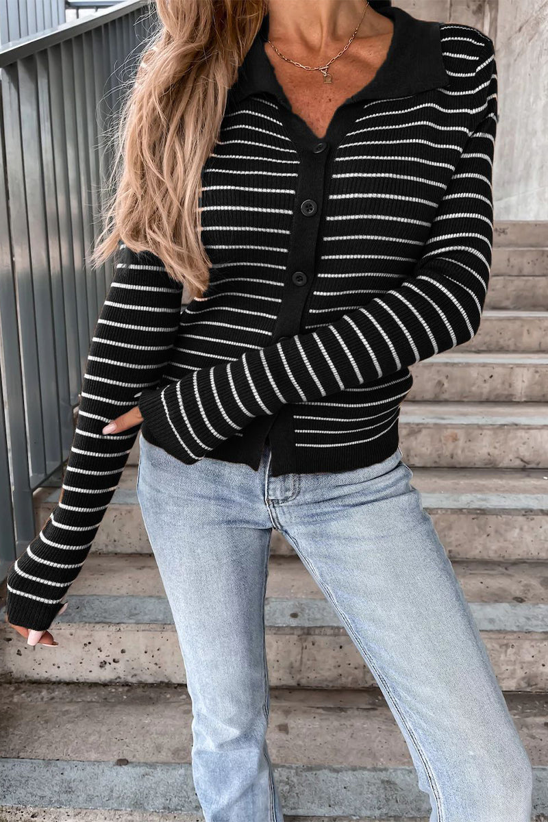 Women's Striped Rib-Knit Cardigan with Polo Collar – Classic Knitted Jacket for the Office, Everyday Wear, Leisure, and Smart-Casual Style