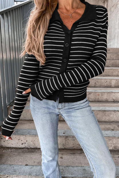 Women's Striped Rib-Knit Cardigan with Polo Collar – Classic Knitted Jacket for the Office, Everyday Wear, Leisure, and Smart-Casual Style