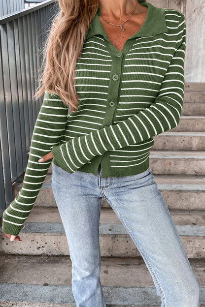Women's Striped Rib-Knit Cardigan with Polo Collar – Classic Knitted Jacket for the Office, Everyday Wear, Leisure, and Smart-Casual Style