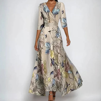 Rochie maxi petrecută pentru femei, cu imprimeu floral și mâneci 3/4 – rochie de vară elegantă, în linie A, pentru nunți, brunch și ocazii festive