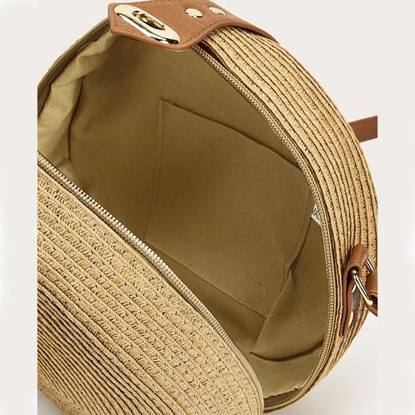 Women's Round Woven Straw Crossbody Bag with Long Adjustable Strap - Lightweight Summer Bag for Vacation, the Beach, Everyday Use, and Leisure