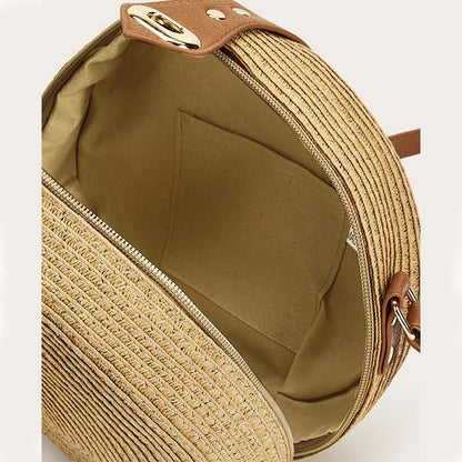 Women's Round Woven Straw Crossbody Bag with Long Adjustable Strap - Lightweight Summer Bag for Vacation, the Beach, Everyday Use, and Leisure