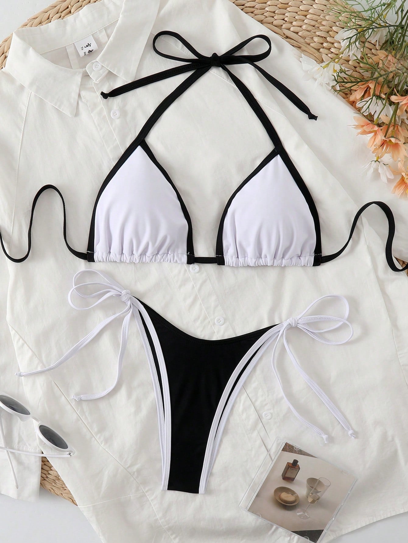 Women's Triangle Bikini Set with Contrast Trim and Tie-Side Details – Stylish 2-Piece Swimwear for the Beach, Pool, Vacation, and Sunny Days
