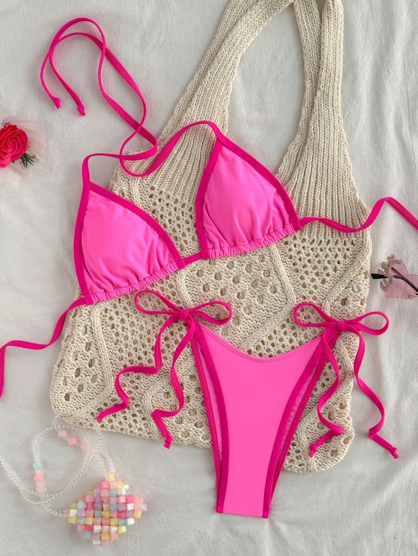 Women's Triangle Bikini Set with Contrast Trim and Tie-Side Details – Stylish 2-Piece Swimwear for the Beach, Pool, Vacation, and Sunny Days