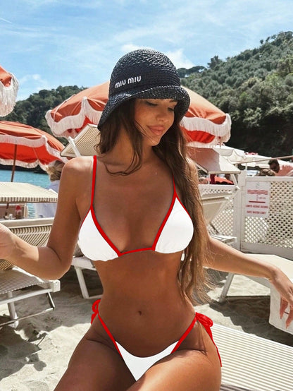 Women's Triangle Bikini Set with Contrast Trim and Tie-Side Details – Stylish 2-Piece Swimwear for the Beach, Pool, Vacation, and Sunny Days