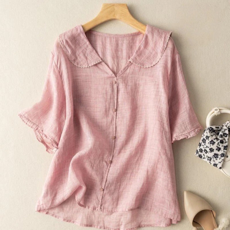 Women's Button-Front Blouse – Casual Peter Pan Collar Top for Summer Wear