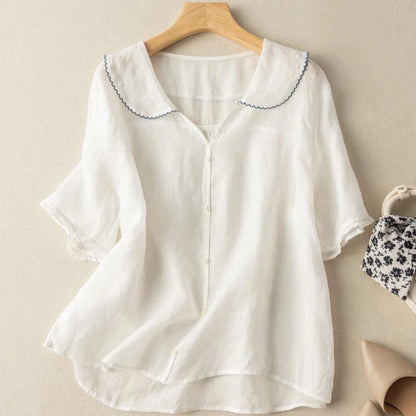 Women's Button-Front Blouse – Casual Peter Pan Collar Top for Summer Wear