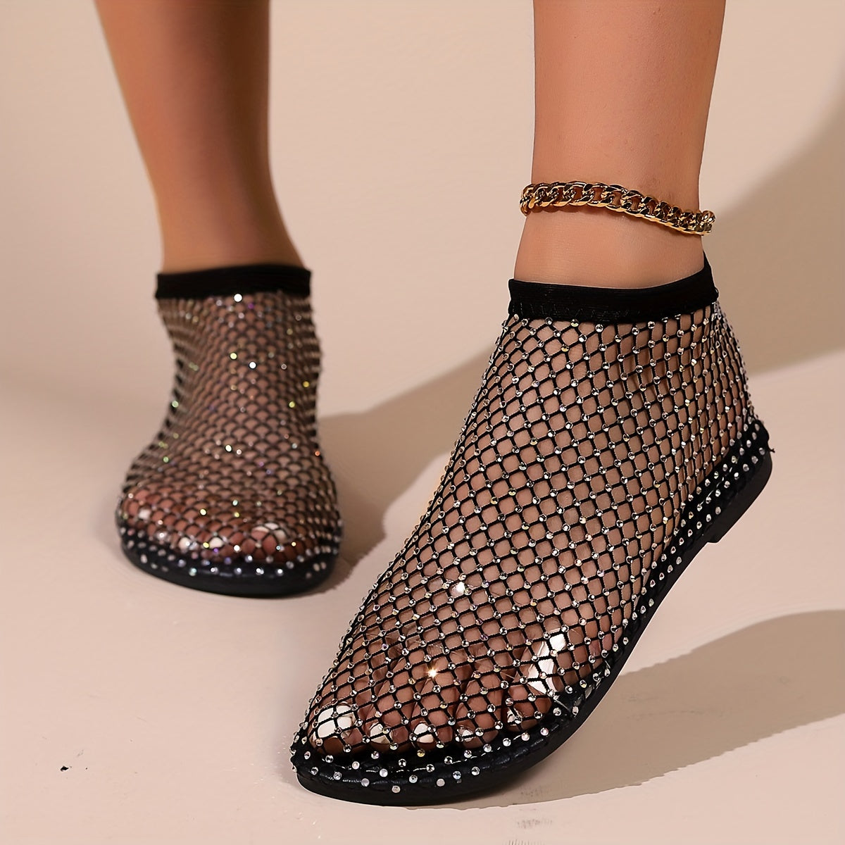 Women's Flat Mesh Sandals with Rhinestones - Sheer, Sparkling Slip-On Summer Shoes for Beach Vacations and Elegant Summer Looks