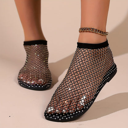 Women's Flat Mesh Sandals with Rhinestones - Sheer, Sparkling Slip-On Summer Shoes for Beach Vacations and Elegant Summer Looks