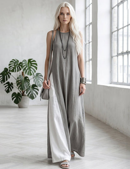 Rochie maxi de damă din bumbac și in, cu design color-block – rochie lungă elegantă pentru vară, vacanță, purtare zilnică și ocazii relaxate