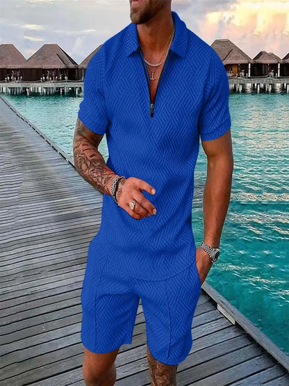 Herre Tekstureret Poloshirt- og Shortssæt – Elegant Sommersæt til Ferie og Afslappet Brug