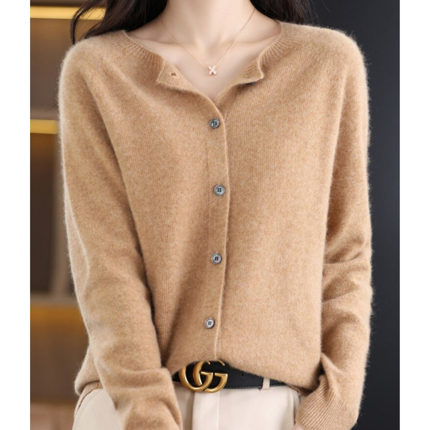 Cardigan de damă din lână merinos și cașmir – tricot elegant cu guler rotund pentru iarnă, birou, purtare zilnică și ocazii festive