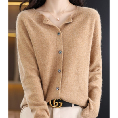 Cardigan de damă din lână merinos și cașmir – tricot elegant cu guler rotund pentru iarnă, birou, purtare zilnică și ocazii festive