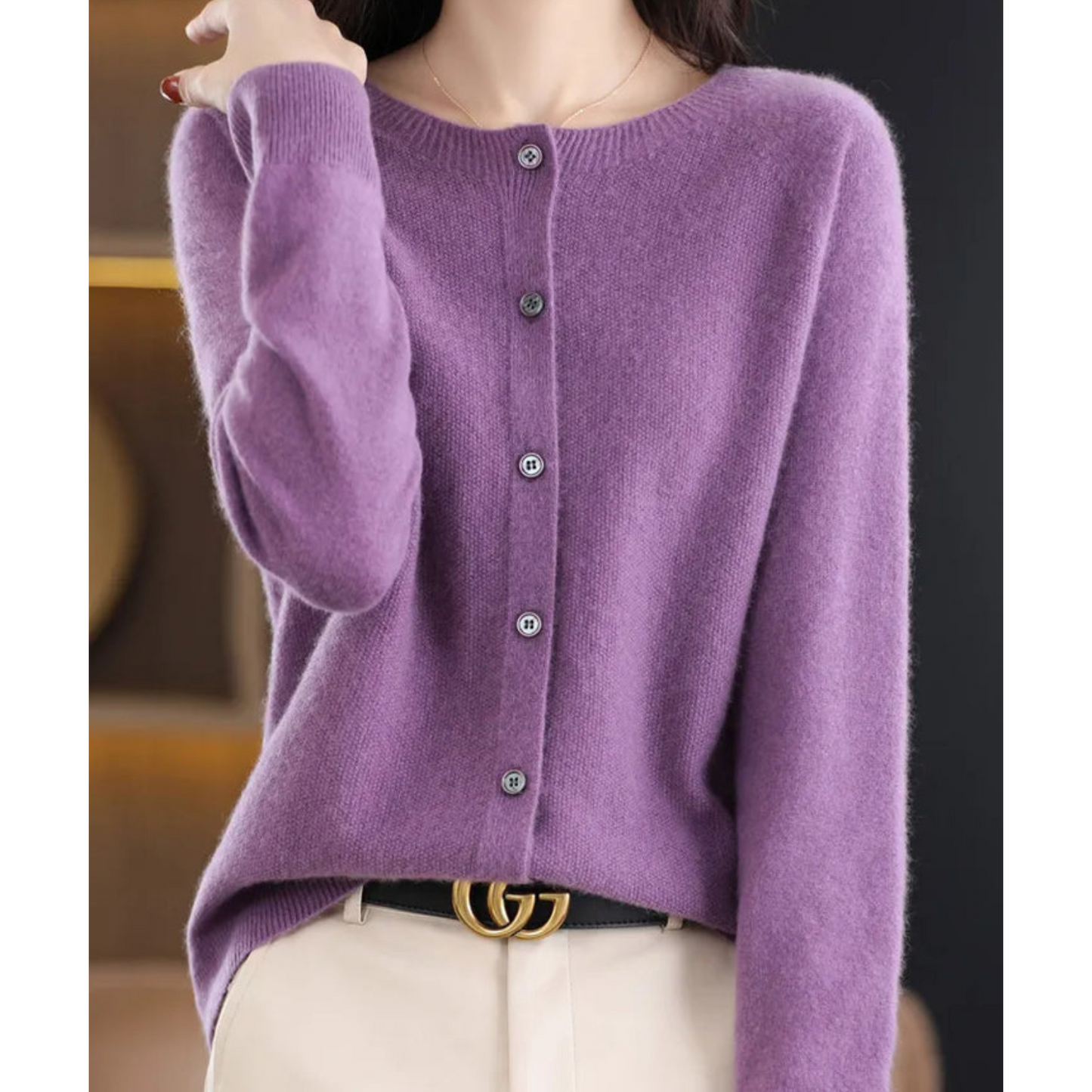 Cardigan de damă din lână merinos și cașmir – tricot elegant cu guler rotund pentru iarnă, birou, purtare zilnică și ocazii festive