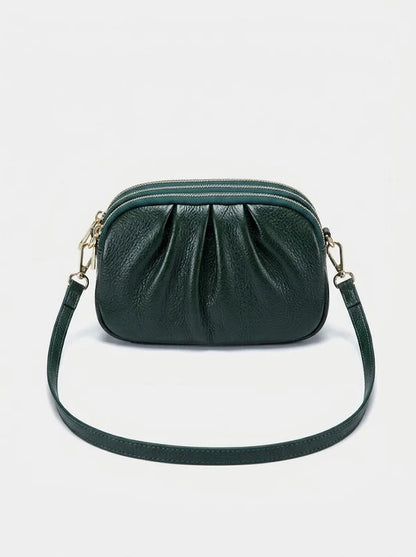 Dame Crossbody-taske I Ægte Læder Med Plisseret Design Og 3 Lynlåsrum – Kompakt Skuldertaske Til Hverdagsbrug, Arbejde Og Fritid