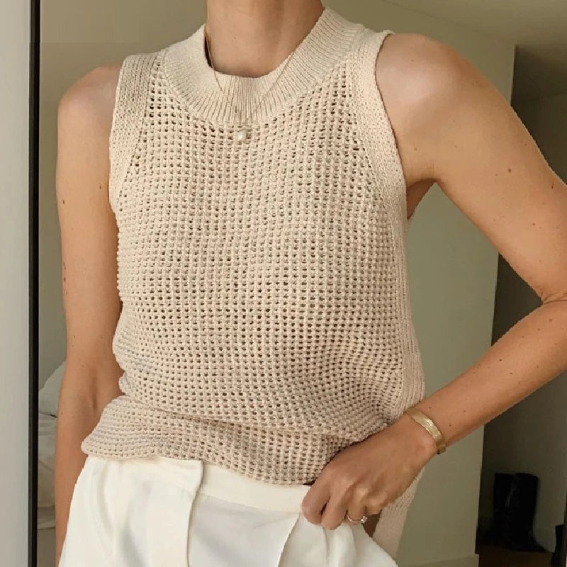 Dame Ærmeløs Top Med Åben Strik Og Rund Hals – Let Sommertop Til Ferie, Afslappet Hverdagsbrug Og Smart Casual-stil