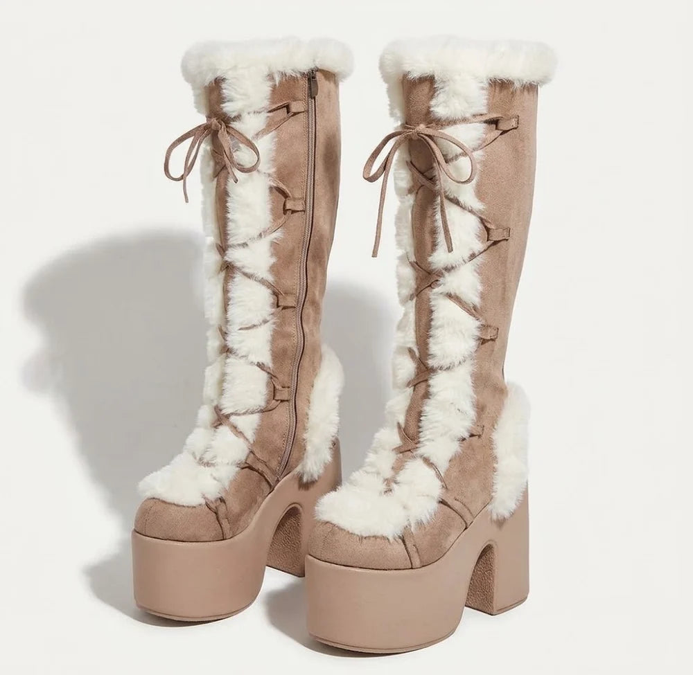 Botas de nieve de ante hasta la rodilla para mujer con forro de felpa, suela de plataforma y cordones – Cálidas botas de invierno con tacón de bloque para días fríos y actividades al aire libre