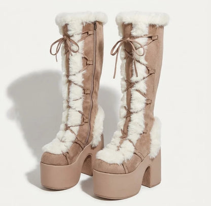 Botas de nieve de ante hasta la rodilla para mujer con forro de felpa, suela de plataforma y cordones – Cálidas botas de invierno con tacón de bloque para días fríos y actividades al aire libre