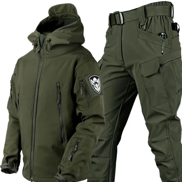 Conjunto outdoor cortavientos para hombre con capucha, chaqueta utilitaria y pantalones cargo - Conjunto resistente al agua para senderismo, tiempo libre y actividades al aire libre