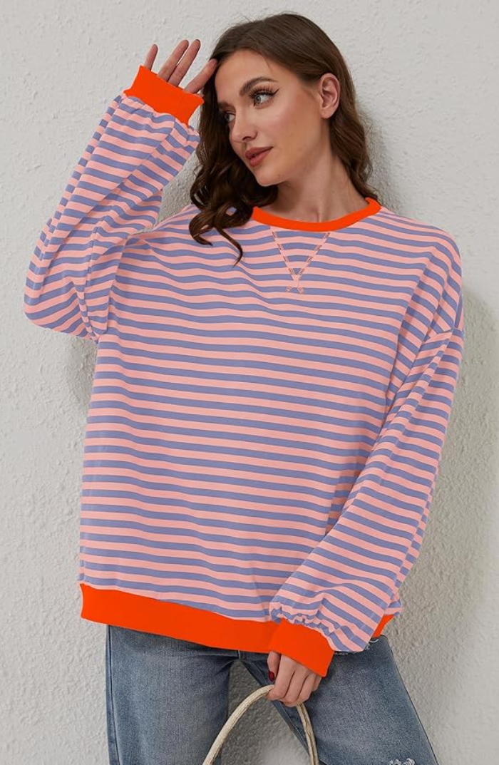 Women's Oversized Striped Sweatshirt with Dropped Shoulders - Relaxed Pullover for Everyday Wear, Leisure, and Layering