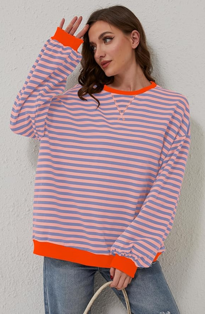 Women's Oversized Striped Sweatshirt with Dropped Shoulders - Relaxed Pullover for Everyday Wear, Leisure, and Layering