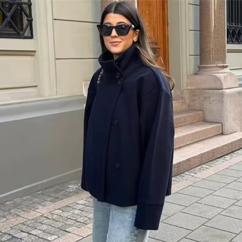 Women's Casual Cropped Jacket – Asymmetrical High-Neck Layer for Smart-Casual Wear
