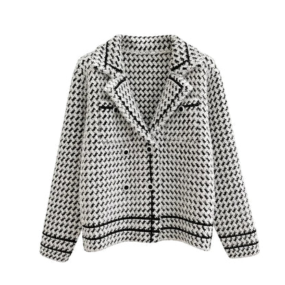 Women's Fitted Houndstooth Jacket – Tailored Jacket With Button Closure, Classic Lapels, And Patch Pockets For the Office And Elegant Everyday Style