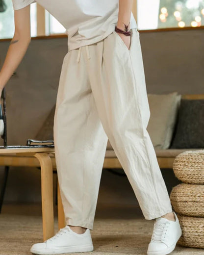 Men's Casual Cotton Trousers with Drawstring Closure and Tapered Fit – Comfortable Trousers for Everyday Wear, Leisure, Vacations, and Smart Casual Style