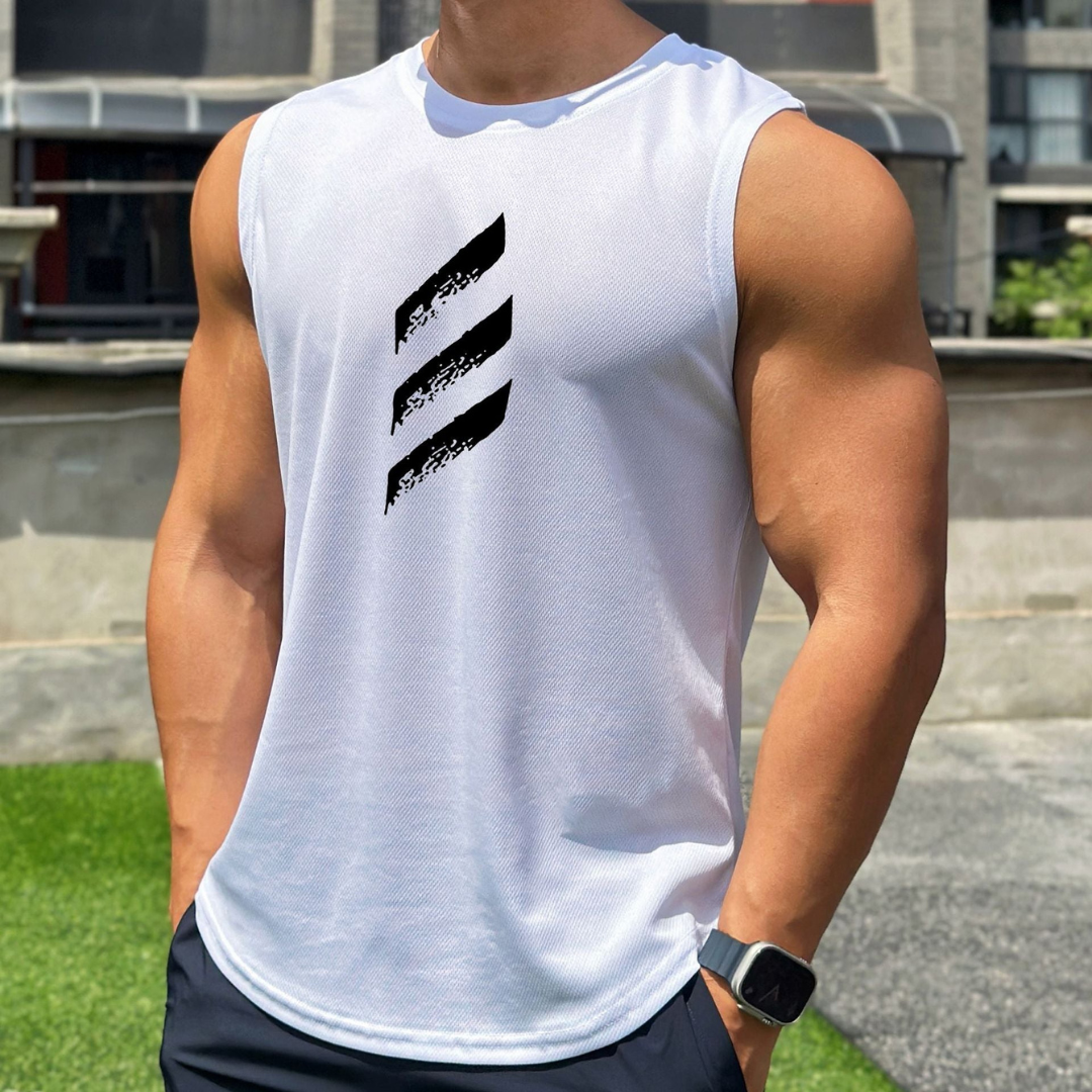 Top deportivo ligero sin mangas para hombre con cuello redondo y detalle gráfico frontal - Top deportivo de entrenamiento para fitness, correr, hacer deporte y disfrutar del tiempo libre