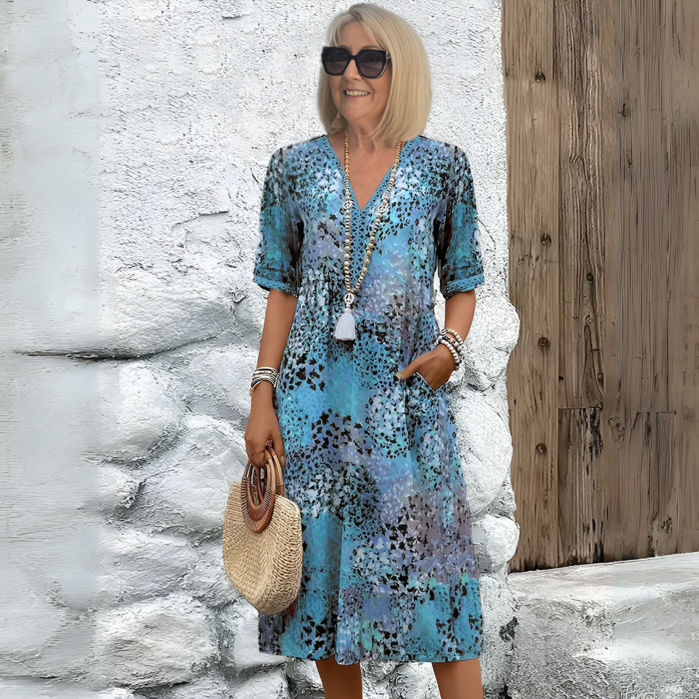 Women's Printed Midi Dress with V-Neck – Casual Dress for Everyday Wear, Holidays, Leisure, and Smart Casual Style