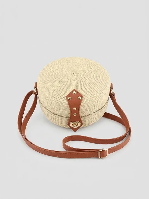 Women's Round Woven Straw Crossbody Bag with Long Adjustable Strap - Lightweight Summer Bag for Vacation, the Beach, Everyday Use, and Leisure