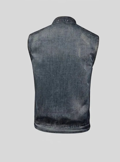 Chaleco biker vaquero desgastado para hombre con cremallera, hombros acolchados y bolsillos en el pecho - Chaleco llamativo para uso diario, ocio y estilo urbano