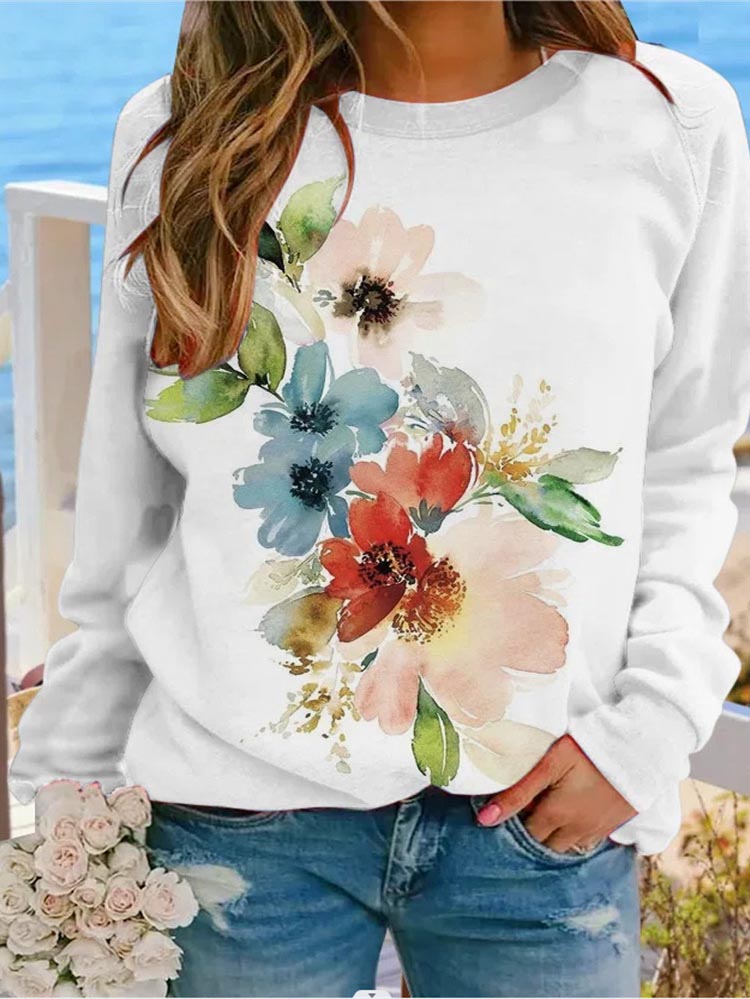 Dame Sweatshirt Med Kunstnerisk Print Og Rund Hals – Afslappet Pullover Til Hverdagsbrug, Fritid Og Weekendstil