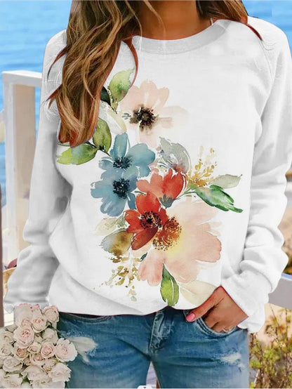 Dame Sweatshirt Med Kunstnerisk Print Og Rund Hals – Afslappet Pullover Til Hverdagsbrug, Fritid Og Weekendstil