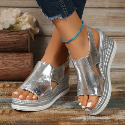 Dame Sandaler Med Metallisk Platform Og Kilehæl – Slingback-Sandaler Til Sommerbrug