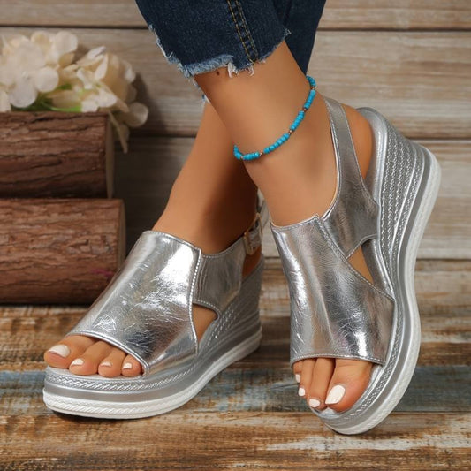 Women's Metallic Platform Wedge Sandals – Slingback Sandals for Summer Wear