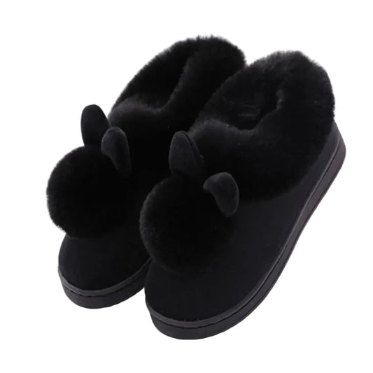 Papuci de casă de damă cu aspect de iepuraș, din blană artificială, cu design slip-on și talpă groasă – încălțăminte călduroasă de iarnă pentru casă, relaxare și zile reci