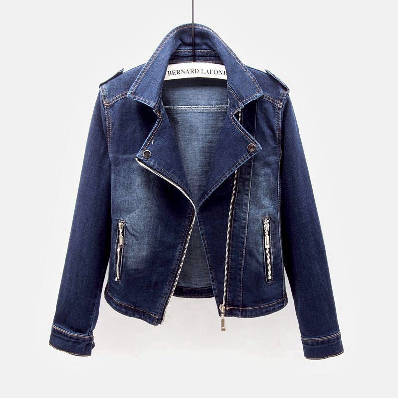 Chaqueta motera corta de denim para mujer con cremallera y cuello de solapa - Chaqueta moderna de inspiración motera para el día a día informal y un estilo urbano